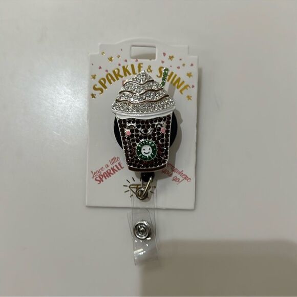 Clip-on ID Key Holder Iced Coffee Bitter Sweet Logo Brown Silver Charm Reel - Picture 6 of 6